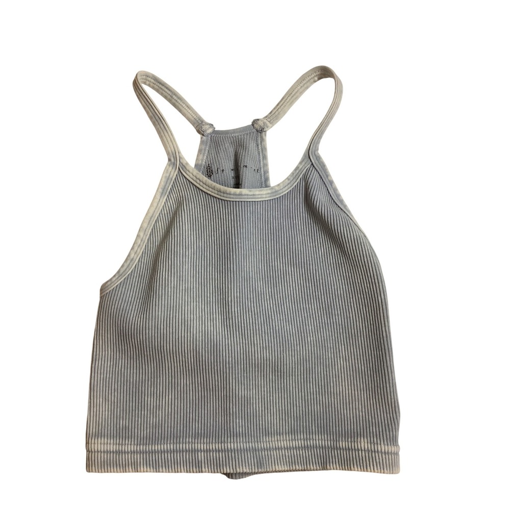 FP Movement Happiness Runs Crop Tank Blue Acid Wash Ribbed High Neck XS S